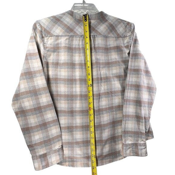 LL Bean Womens Small Plaid Flannel Button Up Shirt Band Collar Soft Beige Brown - Picture 12 of 12